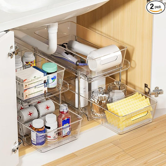 Vtopmart 2 Pack Larger Plastic Bathroom Under Sink Pull-Out Organizer (M-Standard)