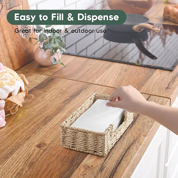 Napkin Holder for Bathroom, Woven Wicker Paper Rope Guest Towel Holder Tray, Disposable Paper Hand Towel Holder for Bathroom Accessories, Dinner Napkin Holder for Kitchen Table Party