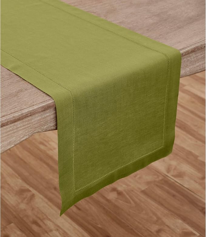 Solino Home Linen Hemstitch Table Runner 108 Inches Long - 100% Pure Linen Avocado Green Table Runner 14 x 108 Inch for Summer - Classic Hemstitch