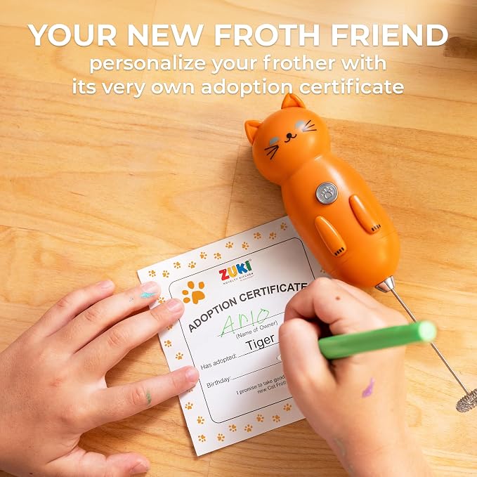 Zulay Kitchen Cat Milk Frother Wand – Cutesy Frother, Meet Your New Frothing Buddy Tiger The Cat, Adoption Papers and Stickers Included, Purrr-fect for Lattes, Cappuccino & Matcha – Orange