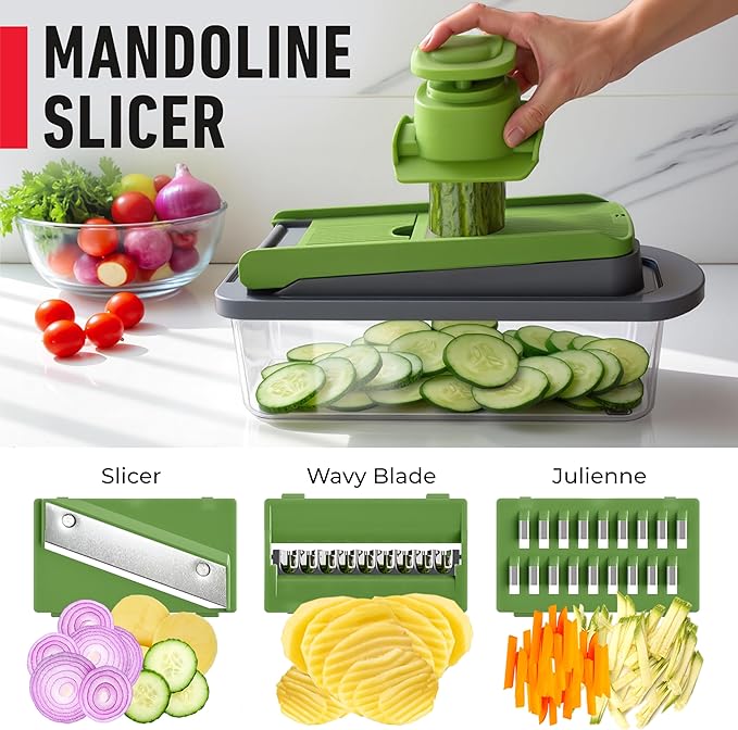 Mueller Pro-Series 10-in-1, 8 Blade Vegetable Chopper, Onion Mincer, Cutter, Dicer, Egg Slicer with Container, French Fry Cutter Potato Slicer, Home Essentials, Salad Chopper,Gray/Green