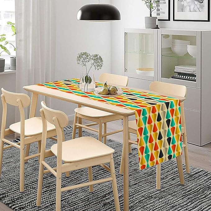 Mid Century Table Runner,Retro Colourful Droplet Shapes Abstract Geometric Table Runner for Home Indoor Outdoor Kitchen Holiday Birthday Party Wedding Decor 13x36 Inch