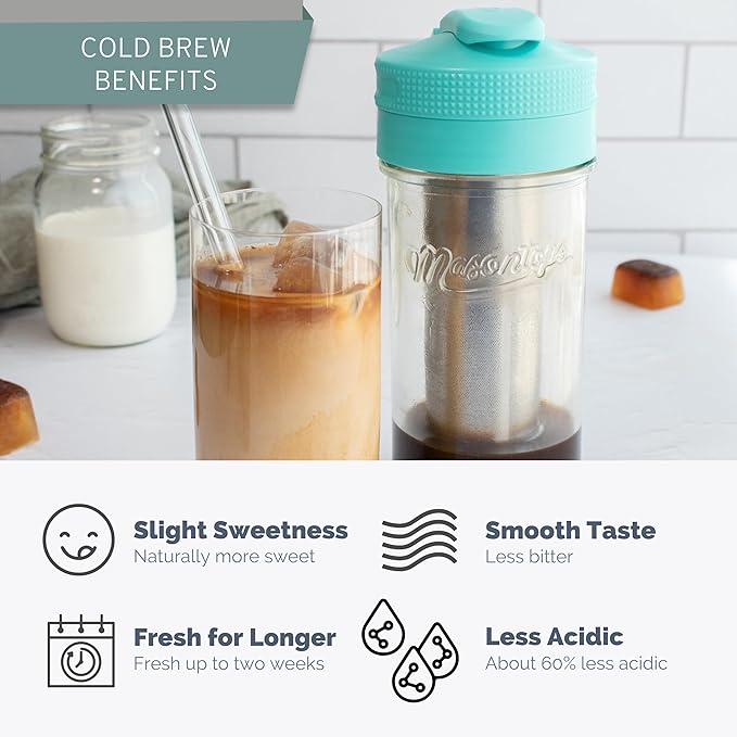 Masontops Cold Brew Makers Kit - Deluxe Iced Coffee Maker with Glass Pitcher & Stainless Steel Mesh Filter - Easy Pour Fridge Cold Brewer System