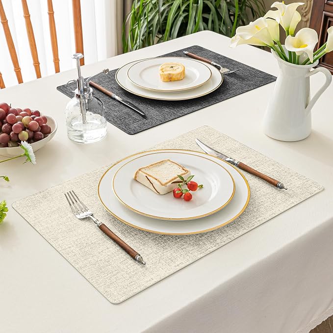 Romanstile Vinyl Placemats Set of 6, Reversible Faux Leather Heat Resistant Wipeable Table Mats, Waterproof Washable Non-Slip Table Placemats for Dining/Kitchen/Party/Outdoor (Grey Beige, 12" x 17")