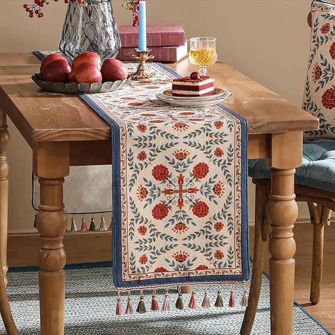 patdrea Designer Vintage Bright Farmhouse Extra Long Linen Table Runner 118 Inch Long, Maroon Floral Pattern Table Mat, Decor for Kitchen Dining Coffee Table Cabinet Banquet Christmas ,12"*118"