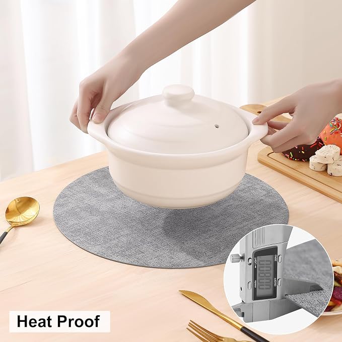 homing Round Faux Leather Placemat and Coaster 6 Packs, Washable Heat Resistant Dining Place Mats, Wipeable Double-Sided Table Mats for Indoor and Outdoor, Diameter 13 and 3.93 inch, Light Grey