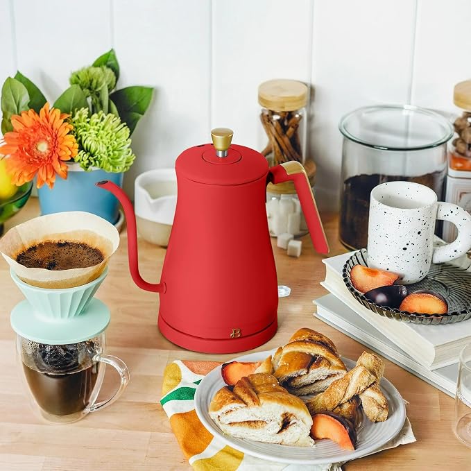 Electric Gooseneck Kettle 1 Liter 1200W Fast Boil with Precision Pour Spout, Stainless Steel Interior, Auto Shut-Off & 360° Swivel Base (Tomato Red)