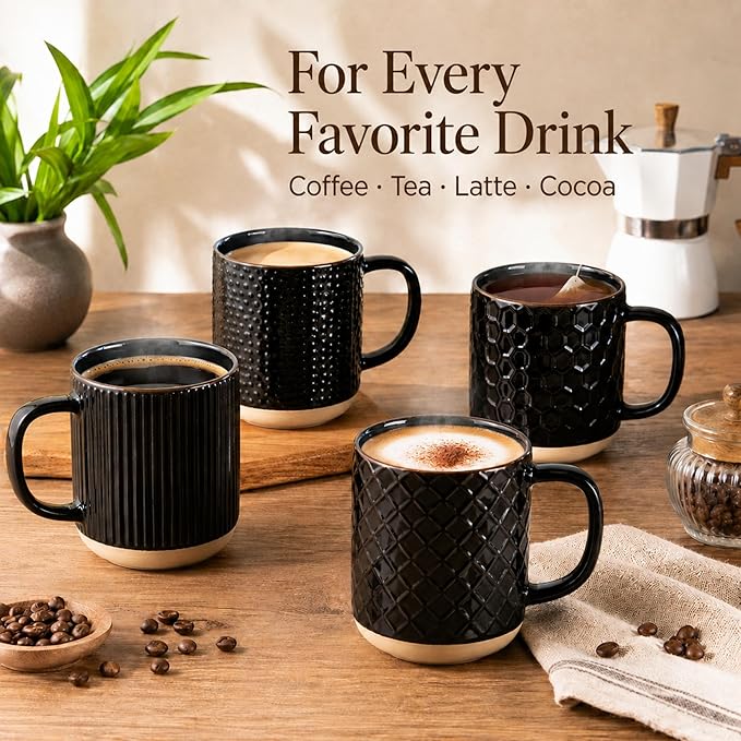 GBhome Large Coffee Mugs Set of 4, 16oz Handmade Stoneware Coffee Mugs Set with Large Handle for Cappuccino/Latte/Tea/Hot Cocoa, Dishwasher & Microwave Safe, Black
