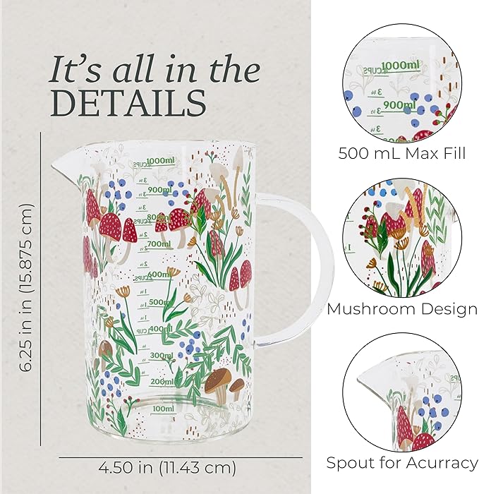 Steel Mill & Co. 1000mL Glass Measuring Cup for Liquid, Mushrooms | Glass Beaker Kitchen Tool, Cottagecore, Hippie, Fairycore Kitchen Aesthetic Home Decor and Accessory