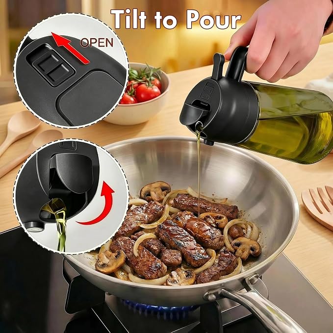 Poshetion 2 in 1 Olive Oil Sprayer for Cooking, 16oz Light-Proof Oil Dispenser for Kitchen, Leak-Proof Oil Spray Bottle for Air Fryer, Salad, BBQ, Baking, Grilling - Black & Green