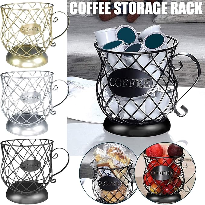 Owill Coffee Pod Holder & Organizer Mug, Metal Cup Keeper Espresso Pod Holder Coffee Creamer Holder Coffee K Cups Holder, Large Capacity Coffee Mug Storage Basket (D - Silver)