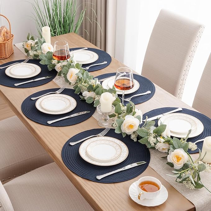 SHACOS Round Placemats Set of 4 Washable 15 inch Round Table Mats Cotton Polyester Woven Braided Place Mats for Dining Table, Navy