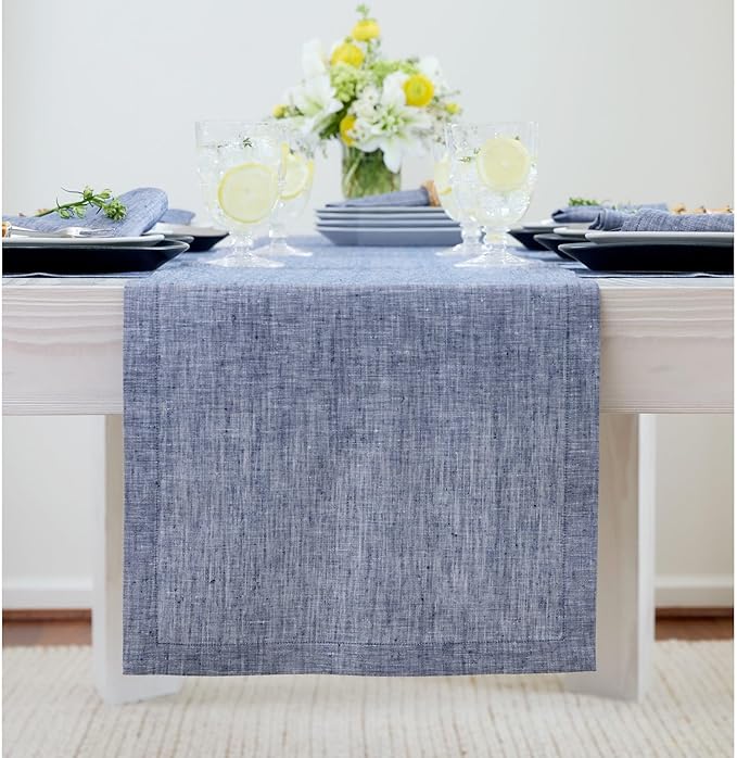 Solino Home Linen Chambray Indigo Table Runner 108 Inches Long - Athena, 100% Pure Linen 14 x 108 Inch Table Runner for Spring, Summer