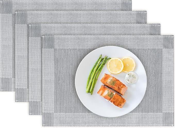 Bloss Placemats Set of 4, Linen Woven Place Mats for Kitchen Table Indoor/Outdoor, 12" x 18" Washable Silver Gray Placemat Dining Table Mats