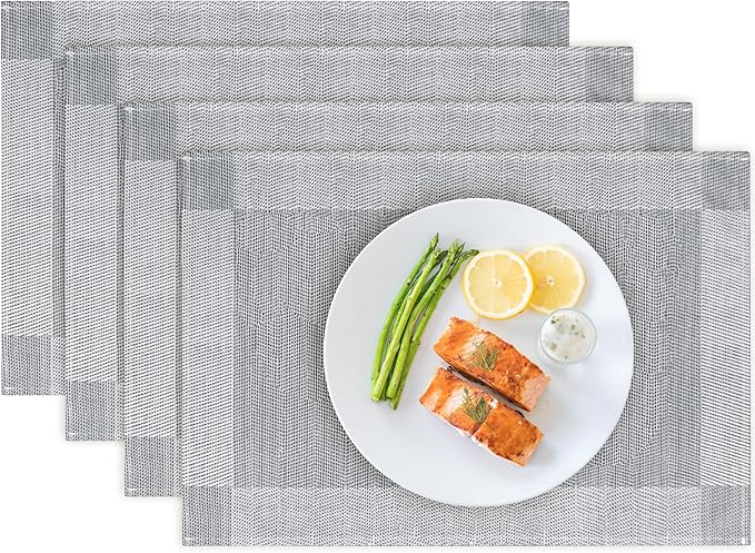 Bloss Placemats Set of 6, Linen Woven Place Mats for Kitchen Table Indoor/Outdoor, 11.8" x 17.7" Washable Silver Gray Placemat Dining Table Mats