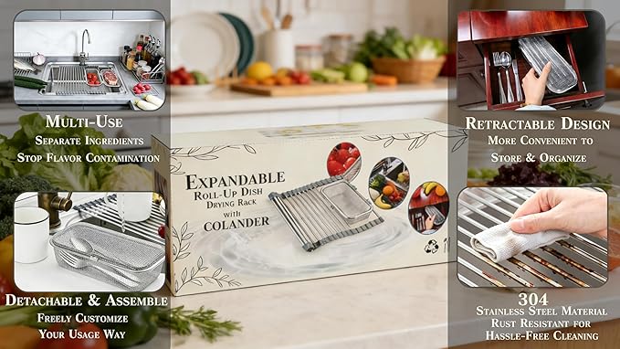 304 Stainless Steel Retractable Sink Drying Rack, Foldable with Removable Mesh Basket & Insect-Proof Cover, Heat Resistant, Dishwasher Safe for Kitchen RV Camping, Perfect
