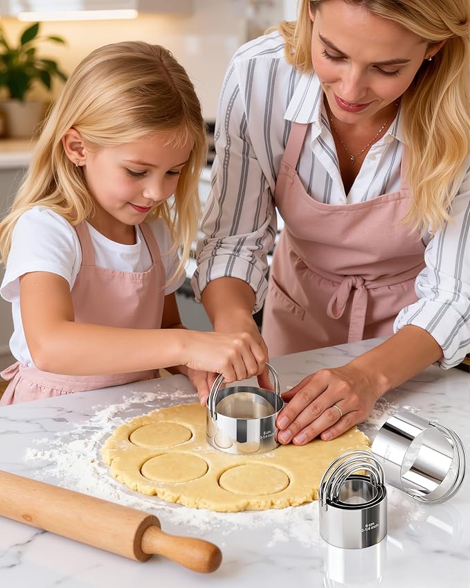 Biscuit Cutter Set with Handle, 5 Piece Stainless Steel Round Cookie Cutter Tool, Multi Size Circle Dough Donut Cutters for Baking Cakes, Biscuits, Pastry Dough