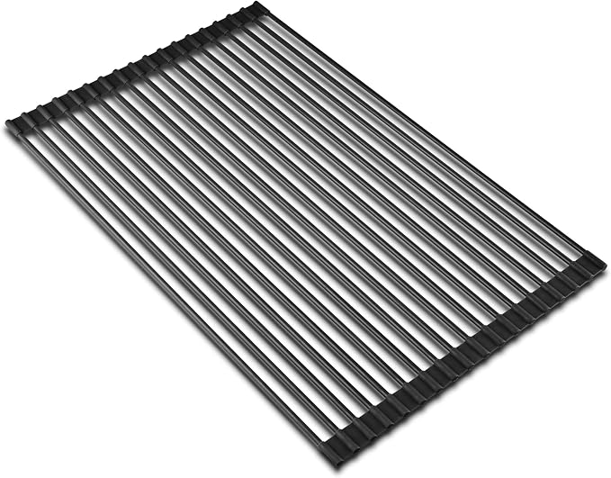 edge Roll Up Dish Drainer, Over The Sink Multi-Purpose Foldable Drying Rack, Silicone Coated Black, Medium- 17" x 13.1"