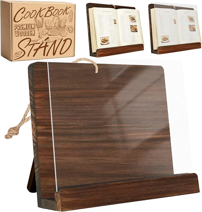 Cookbook Stand for Kitchen Counter, Acrylic Shield Recipe Book Holder, Wooden Cookbook Holder,Adjustable Easily Keep Books Open for Convenient Cooking, iPads Tablets, Retro Kitchen Decor Rustic Brown