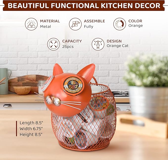 Made Easy Kit Cat Coffee Pod Holder Basket – Metal K-Cup Organizer for Countertop Coffee Bar – Cute Kitchen Décor Storage for Keurig Pods, Creamers & Capsules (25 Pod Capacity)