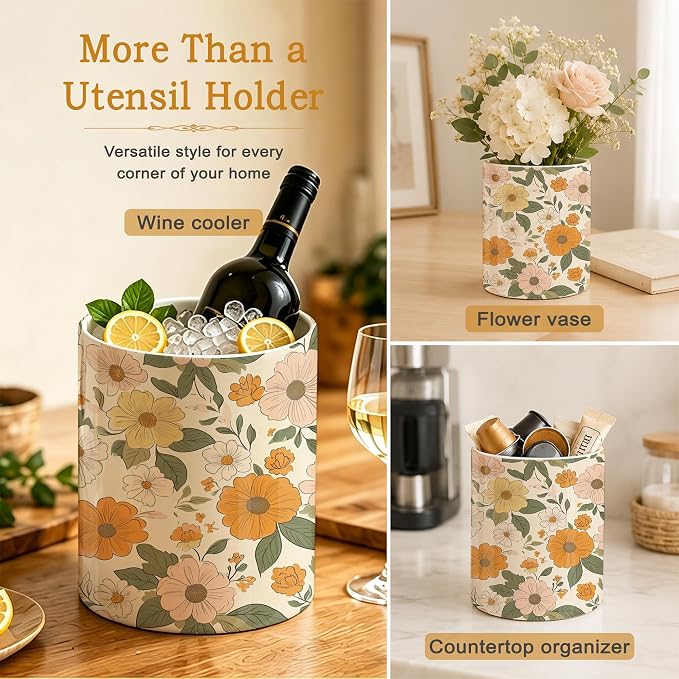 Kitchen Utensil Holder,Retro Boho Groovy Flower Ceramic Utensil Crock for Countertop,Cooking Tools Storage jar for Spatulas and Spoons,Housewarming Gifts 6.3"