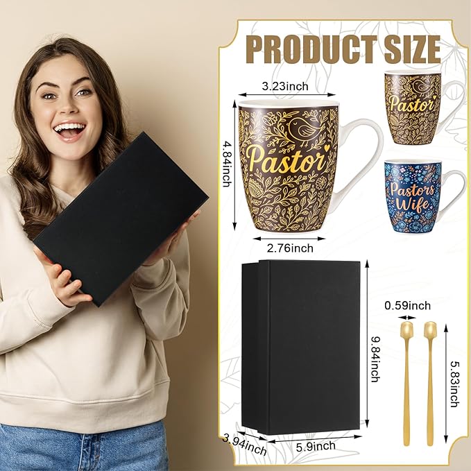 Shellwei 2 Sets Pastor and Wife Appreciation Gifts Stoneware Coffee Mugs with Gift Box Golden Coffee Spoons Pastor Gifts for Men Women Thanksgiving Christmas Christian Present (Fresh)
