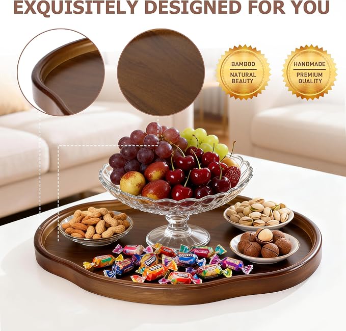 Bamboo Wood Serving Tray, 14.57 Inch Irregular Decorative Serving Trays Platters for Home,Party,Coffee Table,Dining Table & Countertop