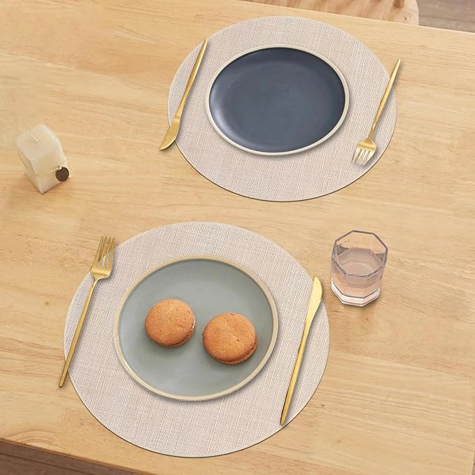 Niviy Beige Round Placemats Set of 4, 15 Inch Washable Easy to Clean Heat-Resistant Anti-Skid Beige Placemats for Holiday Party Kitchen Dining Room Decoration