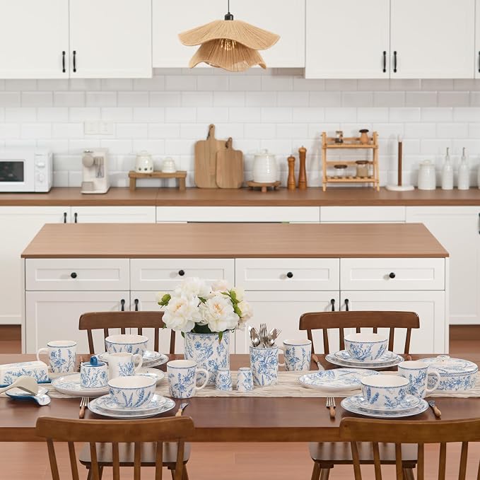 Bico Blue Garden Toile De Jouy Ceramic Coffee Mugs Set of 4, 18 oz Large Tea Cups with Handle, Aesthetic Latte Mugs for Cappuccino Cocoa, Lead-Free, Dishwasher and Microwave Safe, Housewarming Gift