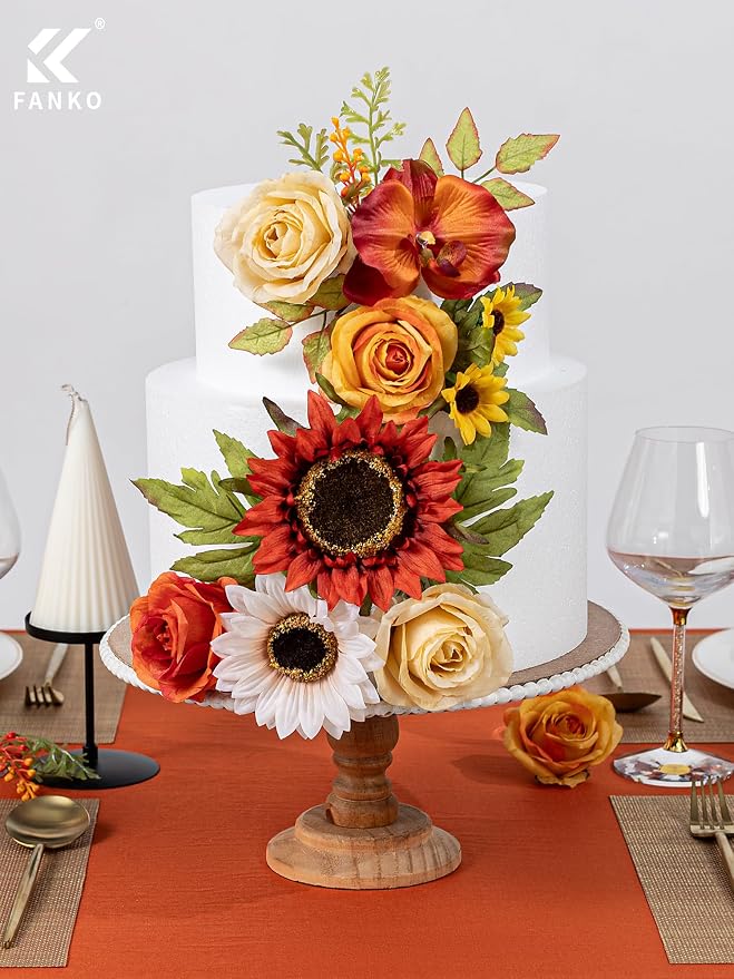 FANKO Artificial Flowers for DIY, Orange Yellow Brown Red Faux Flowers Bouquet, Fake Rose Sunflowers Dahlia Daisy Silk Flowers for Vase, Home Decor, Garland, Summer Wedding, Birthday, Party
