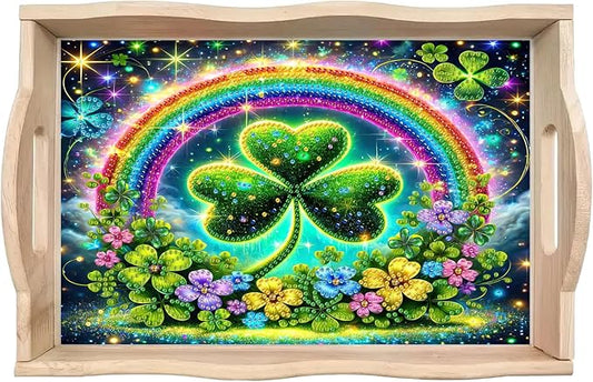 BAYUNOE DIY Diamond Serving Tray Rectangular Breakfast Tray with Handle Handmade Diamond Art Painting Wooden Tray Spring Creative Dinner Plate Coffee Room Living Home Organizer-Rainbow Clover