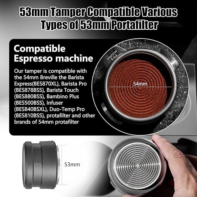 53.3mm Espresso Palm Tamper - Coffee Hand Tamper with Stainless Steel Ripple Base, Premium Walnut Wood Handle Lid, Slow Rebound Tamper Tool Fits 54mm Breville Bottomless Portafilters, Silver
