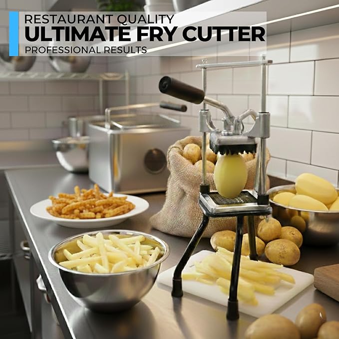 ICO Professional French Fry Cutter & Potato Cutter - Industrial Grade Vertical Potato Slicer for Regular & Sweet Potatoes - 2 Stainless Steel Blades with Universal Pusher & High-Stability Tripod Base