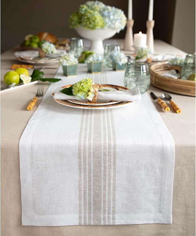 Solino Home Linen Striped Table Runner 108 Inches Long - Farmhouse 100% Pure Linen Natural and White Dining Table Runner 14 x 108 Inch for Summer