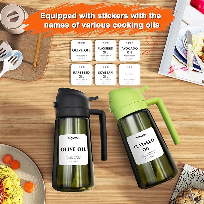 mqnxoi Oil Sprayer for Cooking, 2 in 1 Olive Oil Dispenser Bottle for Kitchen, 16oz/470ml Premium Glass, Food-grade Oil Mister for Air Fryer, Salad, Frying, BBQ (Black + Dark Green Bottle)