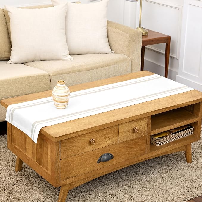 Solino Home Linen Table Runner 48 Inches - 100% Pure Linen Natural and White French Stripe Table Runner 14 x 48 Inch Ideal for Dresser and Coffee Tables - Summer