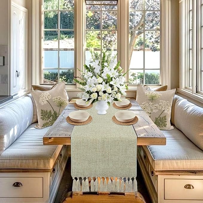 yuboo Sage Green Table Runner 48 Inches - Boho Farmhouse Coffee Table Runner for Living Room, Easter Decor, Spring Macrame Runner for Round Table & TV Stand