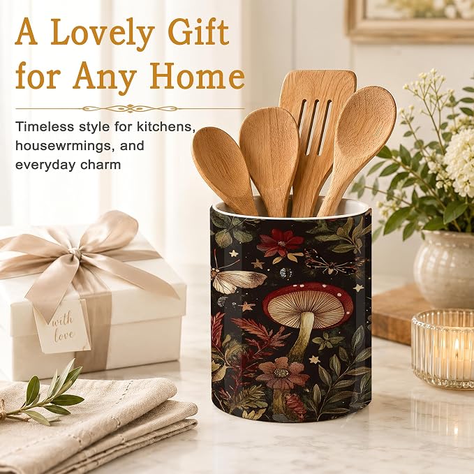 Red Mushroom Utensil Holder for Countertop,Moth Moon Magic Forest Ceramic Utensil Crock Organizer for Home Kitchen Spoons,Spatulas and Cooking Tools