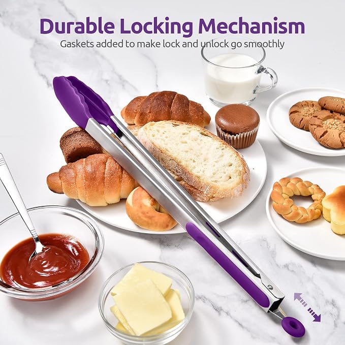 600ºF Heat Resistant Kitchen Tongs: U-Taste 16 inch Extra Long Large Silicone Cooking Tong with Sturdy Non Stick Rubber Tips & Non Slip Silicon Coated 18/8 Stainless Steel Handle for Grill BBQ(Purple)