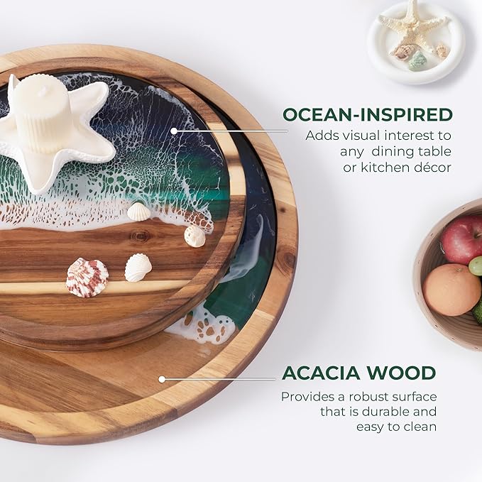 Acacia Wood Serving Tray with Ocean Resin Art, 15.8" x 15.8" Handcrafted Charcuterie Cheese Board for Kitchen Meal Prep, Includes Stand & Loofah, Housewarming Christmas Gift & Decor (Round)