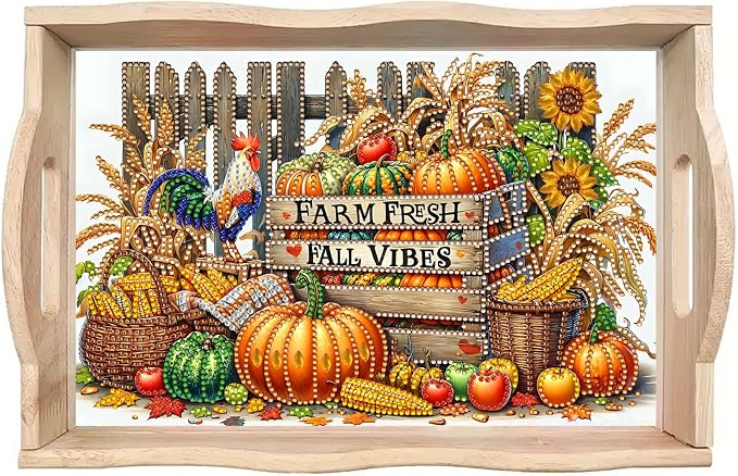 DIY Diamond Serving Tray with Handle Handmade Gem Painting Wooden Rectangular Breakfast Tray for Dinner Plate Coffee Room Living Home Organizer-Autumn Harvest