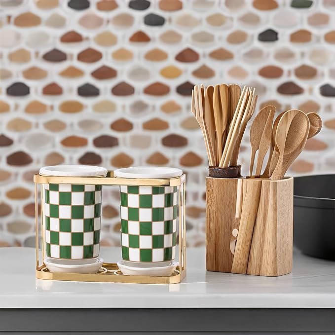 2 pcs Utensil Crocks，Checkered Utensil Holder, Ceramic Cooking Utensil With Layered Shelves，Spoon Spatula Holder for Countertop, Kitchen Decor and Accessories (Green)