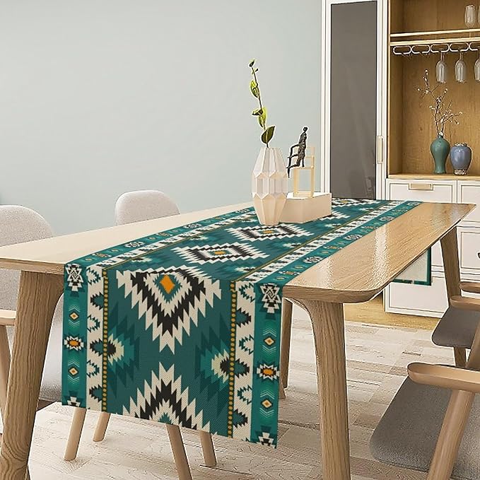 Ethnic Southwestern Table Runner,Native American Tribes Boho Geometric Pattern Aztec Table Cloth Kitchen Restaurant Cafe Decor 13x60 Inch