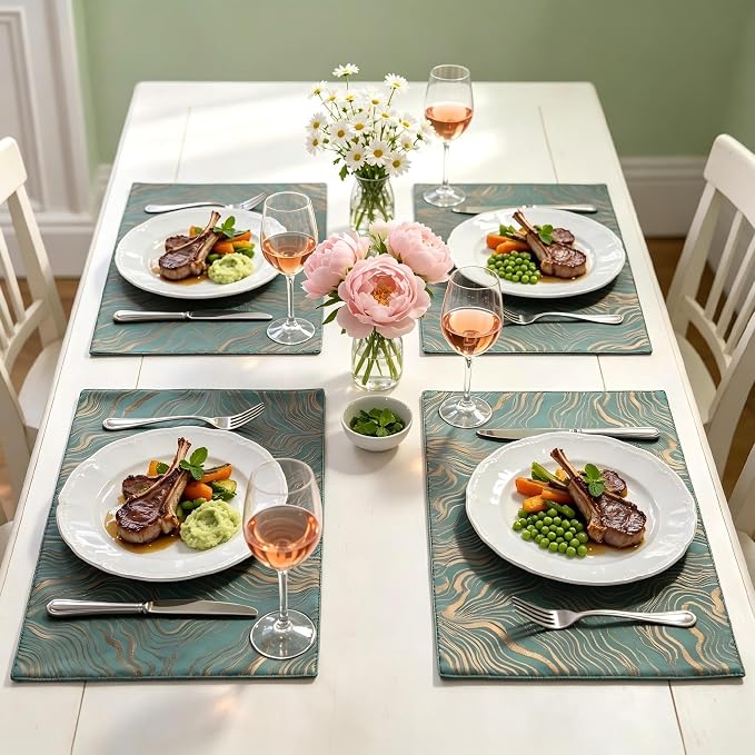 Green Placemats Set of 4, 12x18 Inch Modern Jacquard Woven Place Mats, Double Sided Reversible Non Slip Table Mats, Fade Resistant Irregular Woven Texture Dining Table Decor for Kitchen