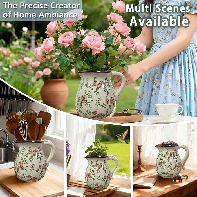 Ceramic Utensil Holder for Kitchen Counter, 6.1" Rustic Farmhouse Cooking Utensil Holder with Handle, Exquisite Chinoiserie Vintage Kitchen Utensil Organizer for Countertop Decor(Red flower)