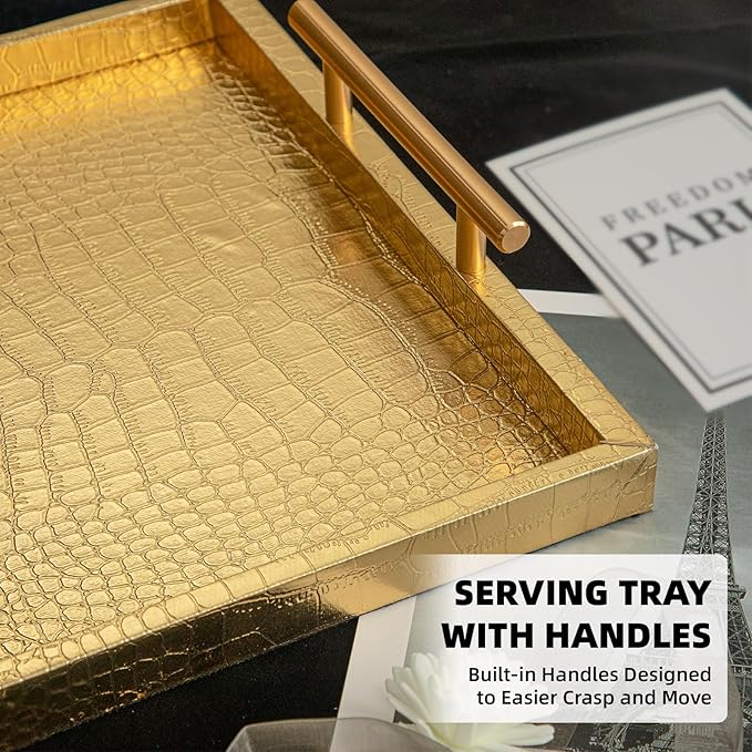 Modern Elegant Large Wood Serving Tray, Set of 2 Gold Crocodile Leather with Gold Polished Metal Handles, Home Decorative Rectangle Ottoman Decor Platter Living Room Bathroom Vanity Tray