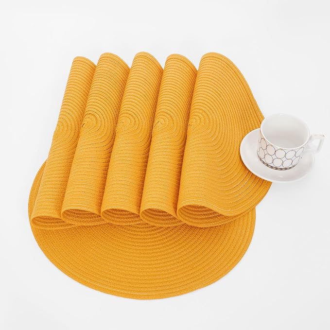 SHACOS 15 inch Round Braided Placemats Set of 6 Non Slip Washable Kitchen Table Place Mats Cotton Polyester Heat Resistant Table Mats for Home Wedding Dinner Party Table Decor, Mustard Yellow