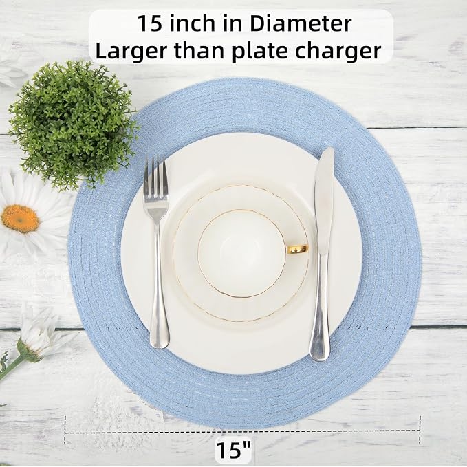 SHACOS Round Braided Placemats Set of 8 Washable 15 inch Round Non Slip Table Place Mats for Dining Tables Wedding Party Decor (Light Blue, 8)