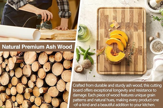 XINZUO Ash Wood Cutting Board, End Grain Butcher Block for Kitchen, 13.8" x 9.8" x 1", Thick Wooden Chopping Board with Juice Groove, Non-Slip Feet & Side Handles