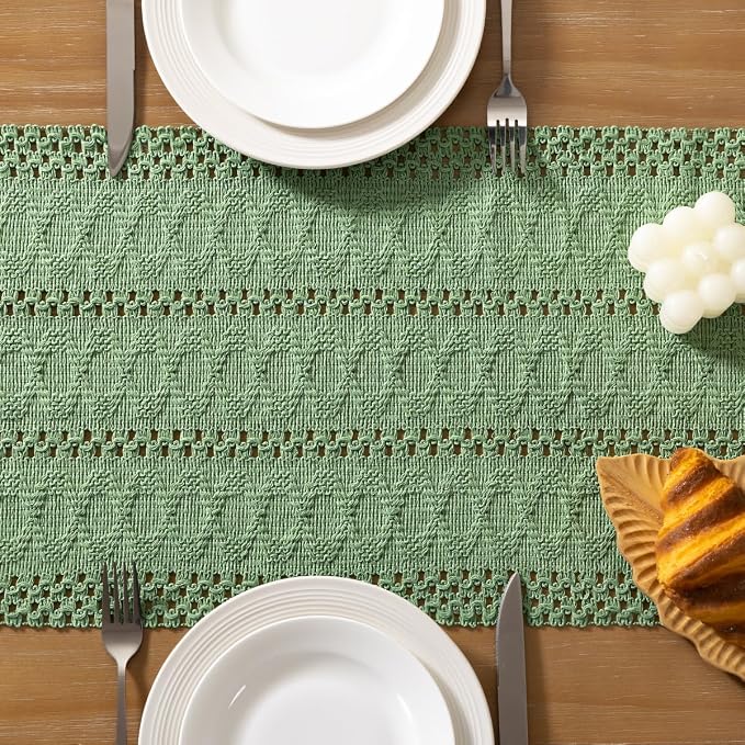 Socomi Boho Table Runner Macrame Long Summer Farmhouse Woven Cotton Linen Rustic Coffee Table Runner with Tassels for Dresser Scarf Home Decor Dining Room Sage Green 12x108 inch
